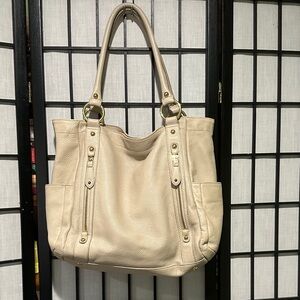 Mila Paoli Cream Leather Shoulder Bag Large 2 Front Zipper Pockets See Photos